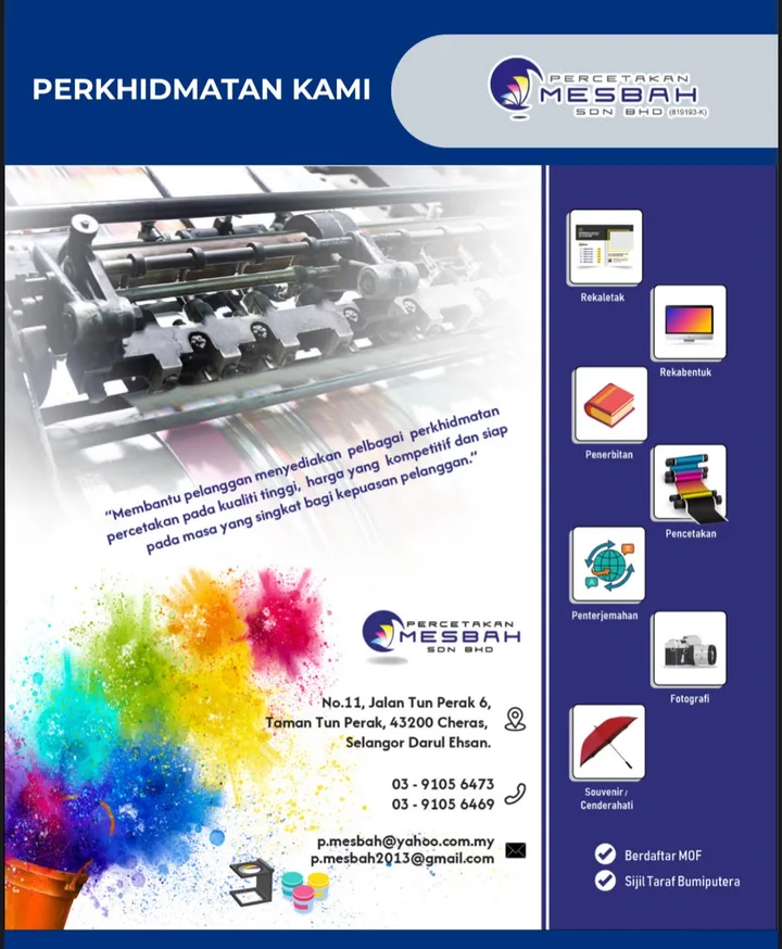 Halaman Perkhidmatan Kami dari profil syarikat Percetakan Mesbah: gambar mesin cetak dengan kata-kata syarikat, alamat, nombor telefon dan emel, ikon Rekaletak, Rekabentuk, Penerbitan, Pencetakan, Penterjemahan, Fotografi dan Souvenir atau Cenderahati, serta Berdaftar MOF dan Sijil Taraf Bumiputera.