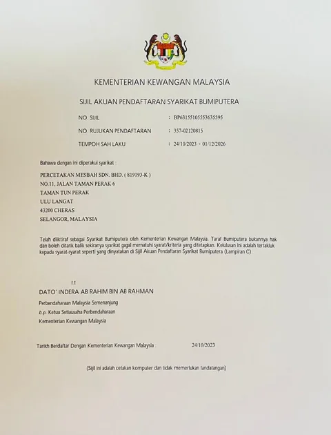 Sijil Akuan Pendaftaran Syarikat Bumiputera daripada Kementerian Kewangan Malaysia untuk Percetakan Mesbah Sdn. Bhd., tempoh sah laku 24/10/2023 hingga 01/12/2026.